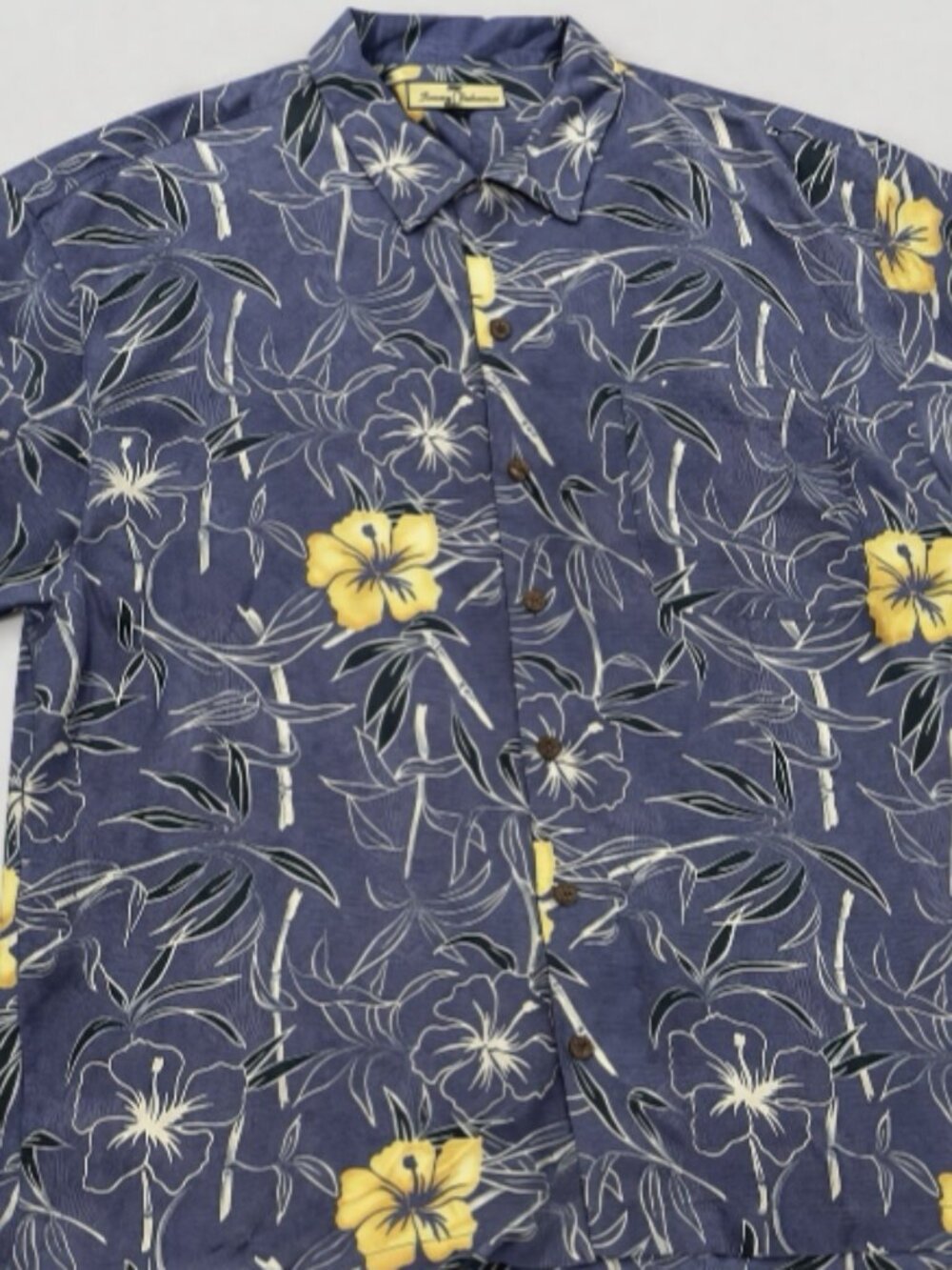 Tommy Bahama 100% Silk Hawaiian Shirt XL Slate Blue Hibiscus Floral Resort